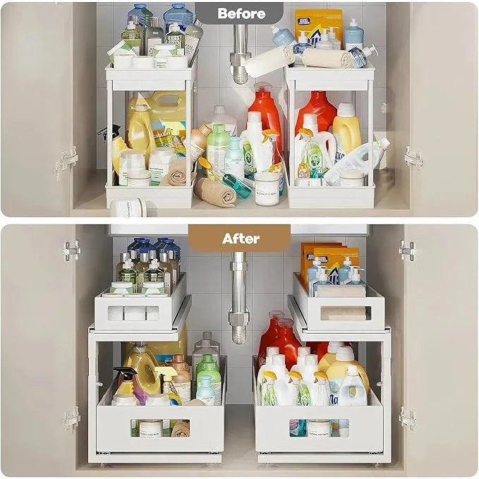 2 Pack 21.3IN-Depth Under Sink Organizer With Next-Gen Ball-Bearing Slides,2-Tier Pull Out Cabinet Storage,Height Adjustable Drawer Shelf for Bathroom,Kitchen,Laundry,Cabinet,Pantry-White - ModernBath