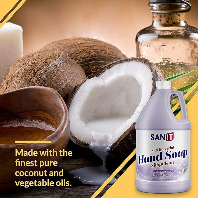 Sanit Silky Clean Antibacterial Liquid Gel Hand Soap Refill - Advanced Formula with Coconut Oil and Aloe Vera - All-Natural Moisturizing Hand Wash - Made in USA, Lavender, 1 Gallon - ModernBath