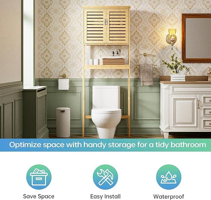 SMIBUY Bathroom Over The Toilet Storage Cabinet, 2 Door Bamboo Cabinet Organizer, Freestanding Space Saver Toilet Rack with Adjustable Inside Shelf and Open Shelf (Natural) - ModernBath