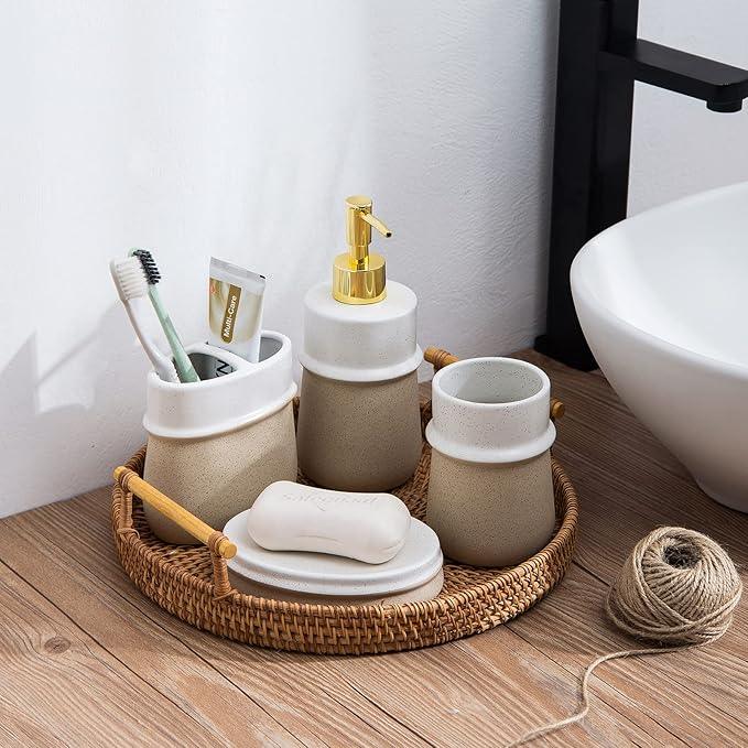 Bathroom Accessories Set,Farmhouse Bathroom Decor,4 Pcs Ceramic Gift Set Apartment Necessities, Contain Toothbrush Cup,Soap Dispenser,Soap Dish,Tumbler,Beige - ModernBath