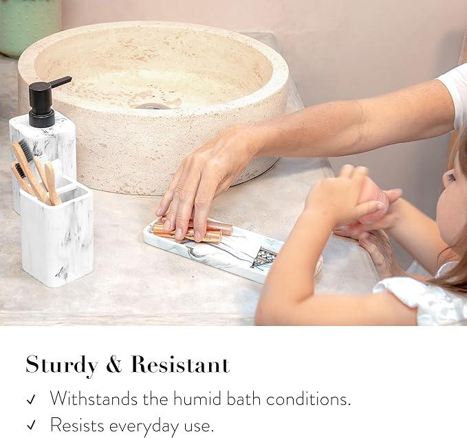ZCCZ Bathroom Accessory Sets, 4 Pieces Bathroom Accessories Complete Set Vanity Countertop Accessory Set with Marble Look, Includes Lotion Dispenser Soap Pump, Tumbler, Toothbrush Holder and Tray - ModernBath