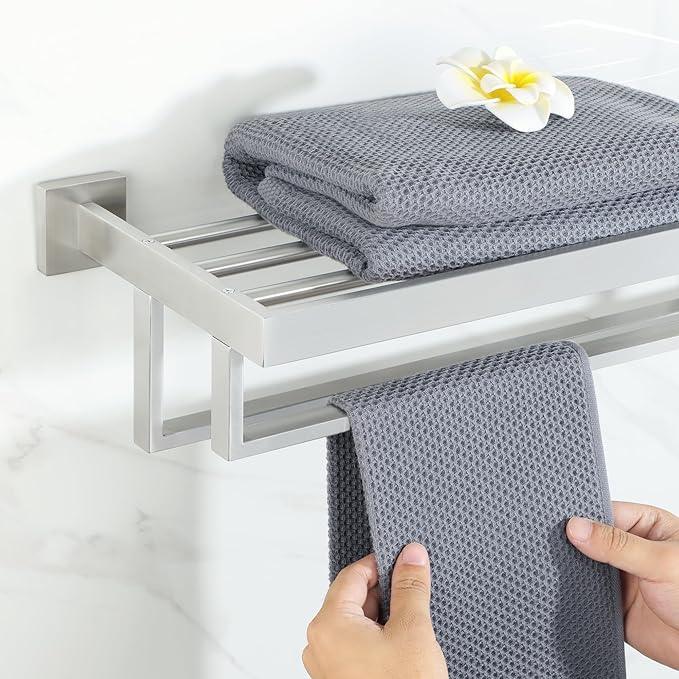 Alise Towel Rack with Double Towel Bars 24 Inch Towel Racks for Bathroom Wall Mounted,Bathroom Towel Holder Square Towel Hanger,SUS304 Stainless Steel Towel Shelf with Towel Bar,Brushed Nickel - ModernBath