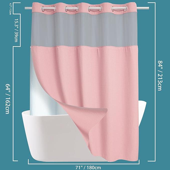Conbo Mio Extra Long No Hook Waffle Weave Shower Curtain with Snap in Liner Set, Hotel Luxury Pink Shower Curtains for Bathroom with See Through Top Window, Waterproof, Washable 71W x 84H - ModernBath