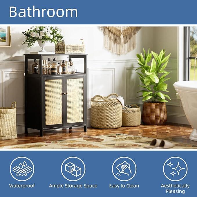 HITNET Bamboo Floor Cabinet, Bathroom Storage Cabinet with 2 Rattan Doors and Shelves, Space Saving Freestanding Kitchen Cupboard, Black - ModernBath