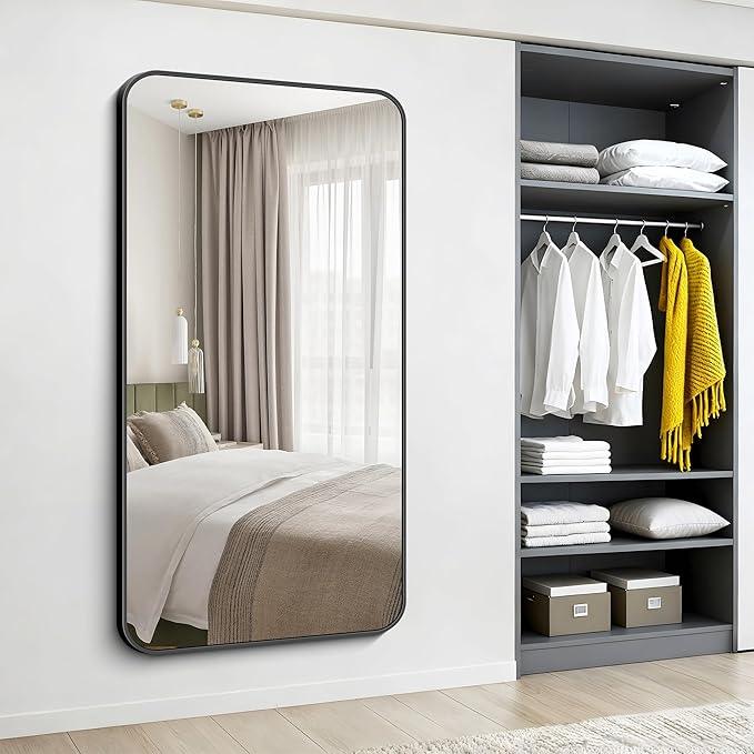 CIVENO Black Bathroom Mirror, 66x36 inch Aluminum Metal Frame Rectangular Vanity Mirror, Large Wall Mounted Rectangle Mirrors with Rounded Corner for Over Sink Bedroom Living Room Horizontal/Vertical - ModernBath