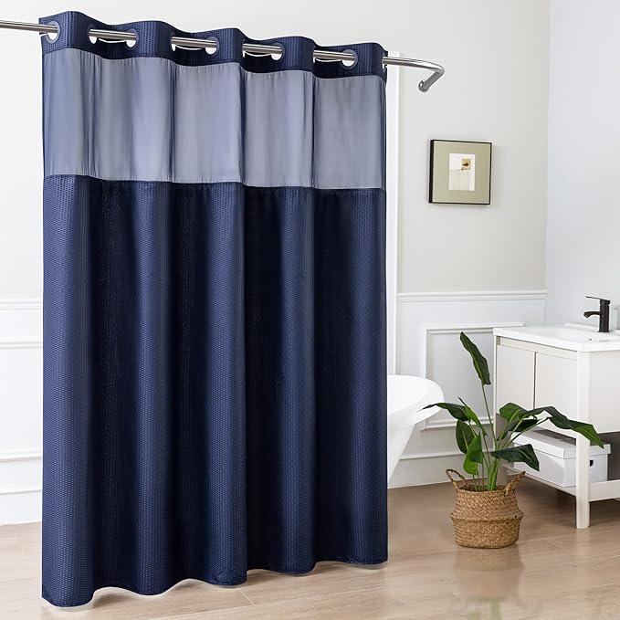 Mrs Awesome No Hook Shower Curtain with Snap-in Liner, Embossed Waffle Design Fabric Shower Curtain for Bathroom, Soft & Lightweight, 71x74, Navy Blue - ModernBath