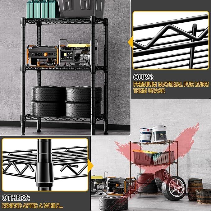 750 lbs 3 Tier Shelf Metal Storage Shelves Shelving Wire Rack Heavy Duty Closet Organizers for Garage Kitchen Bathroom Laundry Black 13.8" D x 23.6" W x 35.5" H - ModernBath