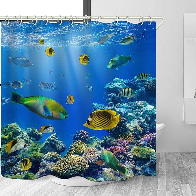 LYFANS Bathroom Uses Underwater World 3D Shower Curtains, Luxurious Bathtub Waterproof Shower Curtain, Bright Fabric Shower Curtains, Including 12 White Hooks, Size (59x72 inches) - ModernBath
