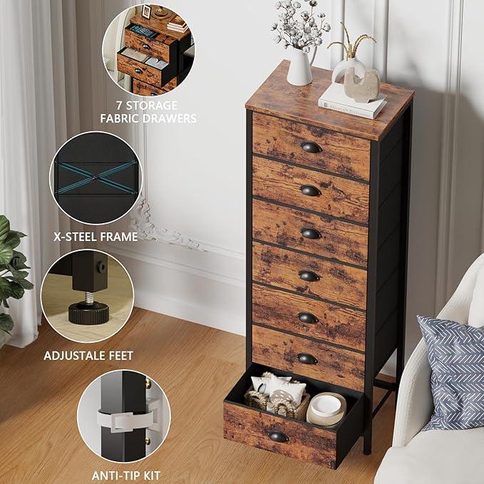 Furnulem Bedroom Dresser with 7 Drawers,Tall Industrial Fabric Chest of Drawers, Vertical Storage Tower Bedside Furniture in Living Room,Closet,Entryway-Sturdy Steel Frame(Rustic Brown) - ModernBath