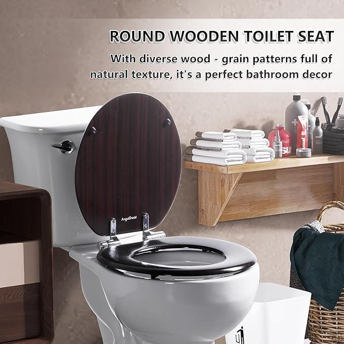 Round Toilet Seat Molded Wood Toilet Seat with Quietly Close and Quick Release Hinges, Easy to Install also Easy to Clean by Angol Shiold (Round, Dark Brown) - ModernBath