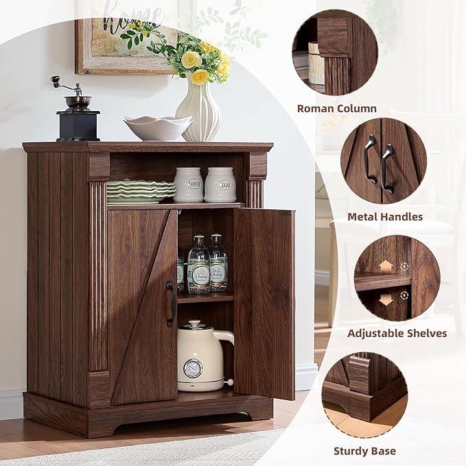 24" Farmhouse Storage Cabinet – Walnut Freestanding Buffet Sideboard with Barn Doors, Adjustable Shelf, Small Coffee Bar for Kitchen, Bathroom & Living Room - ModernBath