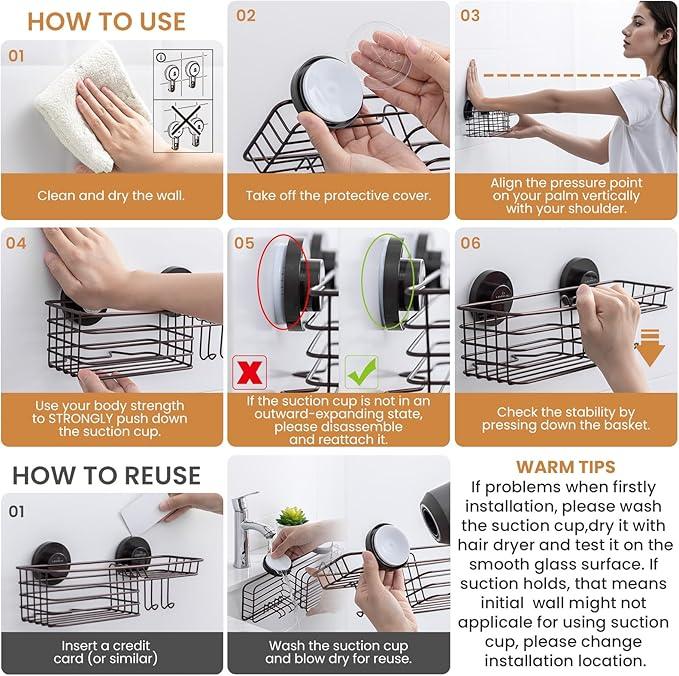 LEVERLOC Shower Caddy Suction Cup, 2 Pack Shelves for Inside with Hooks and Soap Holder, NO-Drilling Bathroom Holder, Rustproof Meatl Bathroom Organizer, Brown - ModernBath