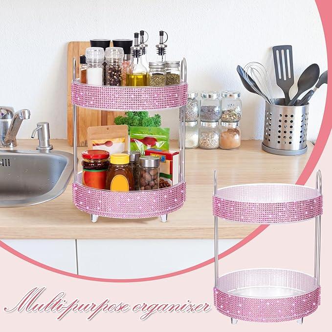 Honeydak 360 Rotating Perfume Organizer Rhinestone Bathroom Counter Organizer Makeup Holder with 2 Tiers Skincare and Perfume Storage, Vanity Storage for Cosmetic Countertop Decor (Pink) - ModernBath