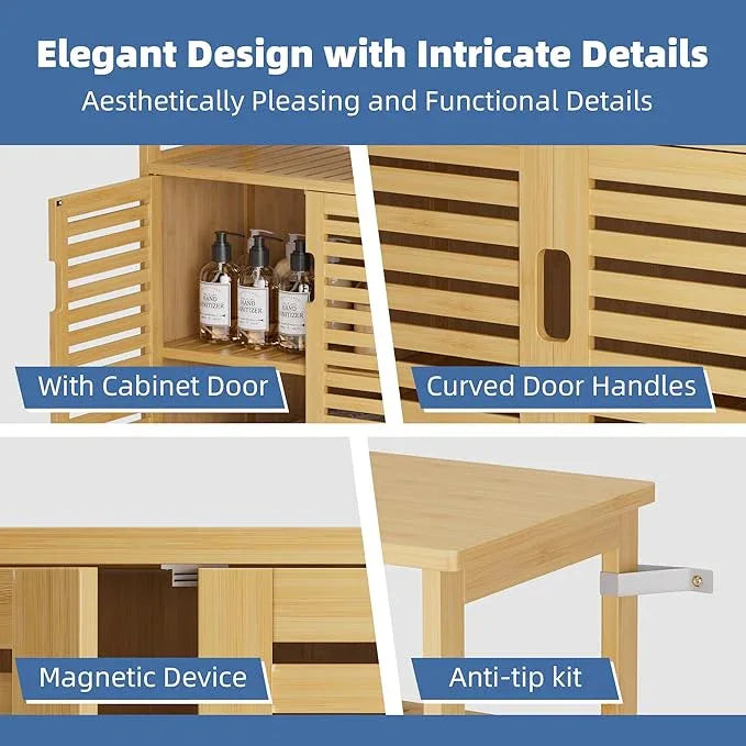 HITNET Bathroom Cabinet Freestanding, Bamboo Storage Cabinet 4-Tier Floor Cupboard with Door and Shelf for Bathroom, Kitchen, Hallway, Natural - ModernBath