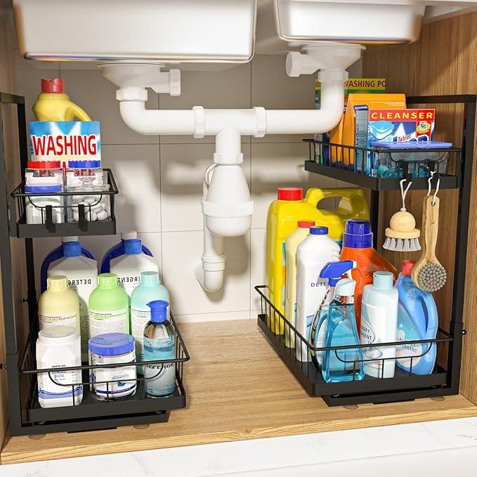WOWBOX Under Sink Organizer 2 Pack, 2-Tier Cabinet Organizer for Kitchen, Bathroom, Slide Out Drawer Under Sink Organizers and Storage, Metal Organizing Rack for Pantry, Cabinet, Closet - ModernBath