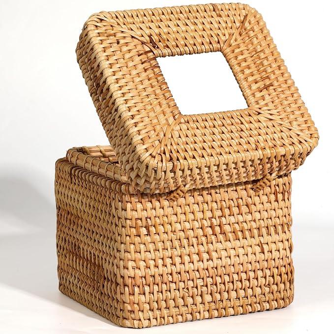 2 Pcs Rattan Tissue Box Cover 5.7" x 5.7" x 5.7"Rattan Square Tissue Box Cover Decorative Woven Facial Tissue Holder with Hinged Top Lid for Home Office Desk Living Room Bathroom Dec - ModernBath