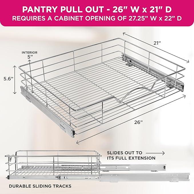 HOLDN’ STORAGE Heavy-Duty Premium Collection Pull Out Cabinet Organizer, Cabinet Drawer Slide Outs, Lifetime Limited Warranty - Basket Size 26" W x 21" D x 5" H, Anti-Rust Chrome Finish - ModernBath