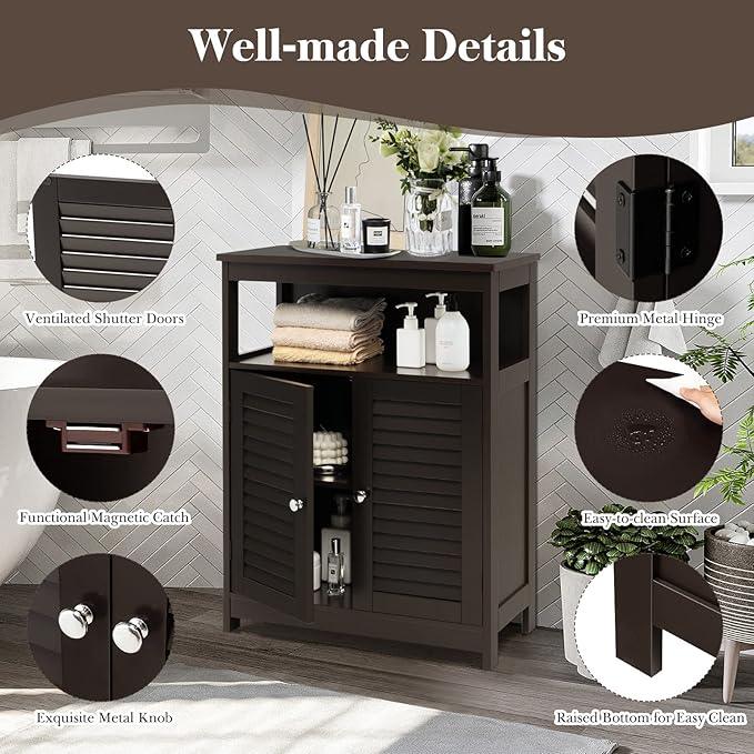 GLACER Bathroom Floor Cabinet, Wooden Storage Cabinet with Double Shutter Doors & 3-Position Adjustable Shelf, Side Storage Organizer, 23.5 x 12 x 31.5 inches (Espresso) - ModernBath