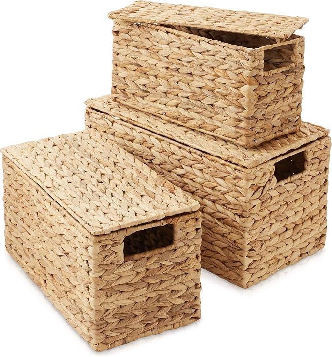 Casafield Set of 3 Water Hyacinth Storage Baskets with Lids, Natural - Small, Medium, Large Woven Nesting Bins for Bathroom, Bedroom, Closets, Shelves - ModernBath