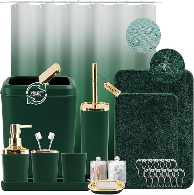 XLHOMO Bathroom Set - Dark Green Bathroom Sets with Shower Curtain and Rugs, 24PCS Shower Curtain Set with Hooks, Soap Dispenser, Soap Dish, Toilet Brush Holder and Trash Can for Housewarming - ModernBath