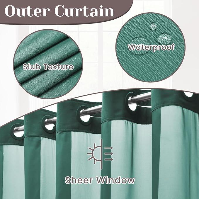 SORTTO No Hook Slub Textured Shower Curtain with Snap in Liner - Peacock Blue Fabric Outer Curtain & Waterproof Inner Liner, Hotel Style with See Through Top Window, 71x74 in - ModernBath