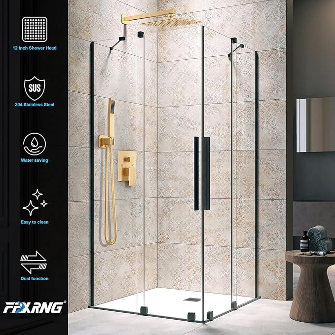 FPXRNG Gold Shower Faucet Set, Rainfall Shower System with Rain Shower Head and Handle Set, Wall Mounted Shower Fixtures, Full Metal Trim Repair Kit 12 inch Paint Gold (With Shower Valve) - ModernBath