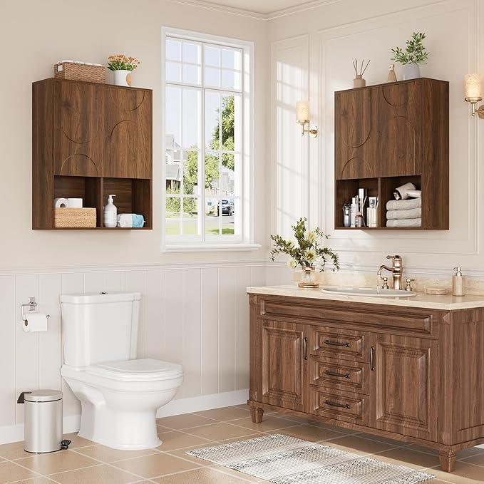 Bathroom Wall Cabinet, 24x30 Inch Small Over The Toilet Storage Cabinet, Walnut Space Saver Hanging Wall Mounted Medicine Cabinet Organizer with 2 Doors, Open Adjustable Shelf for Laundry Room Kitchen - ModernBath