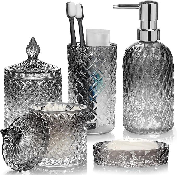 Bathroom Accessories Set, 5Pcs Gradient Glass Bath Accessory Sets Complete, Glass Bathroom Accessories with Soap Dispenser, Soap Dish, Toothbrush Holder, Qtip Holder - ModernBath