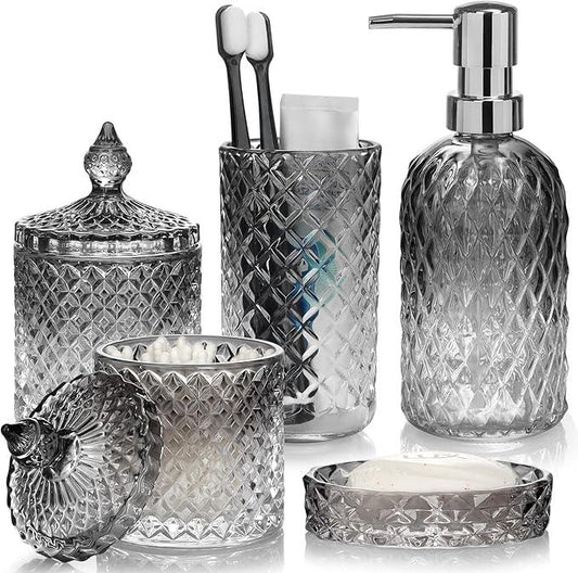 Bathroom Accessories Set, 5Pcs Gradient Glass Bath Accessory Sets Complete, Glass Bathroom Accessories with Soap Dispenser, Soap Dish, Toothbrush Holder, Qtip Holder - ModernBath