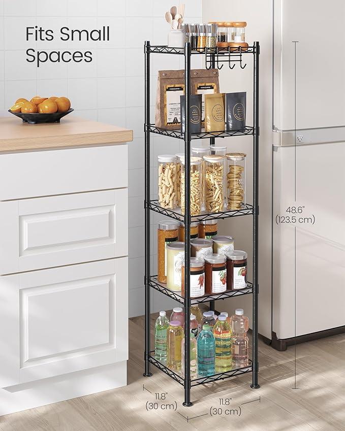 SONGMICS 5-Tier Bathroom Shelf, Storage Rack for Small Space, with 5 PP Shelf Liners, Removable Hook, Extendable Design, Ink Black and Translucent ULGR23BK - ModernBath