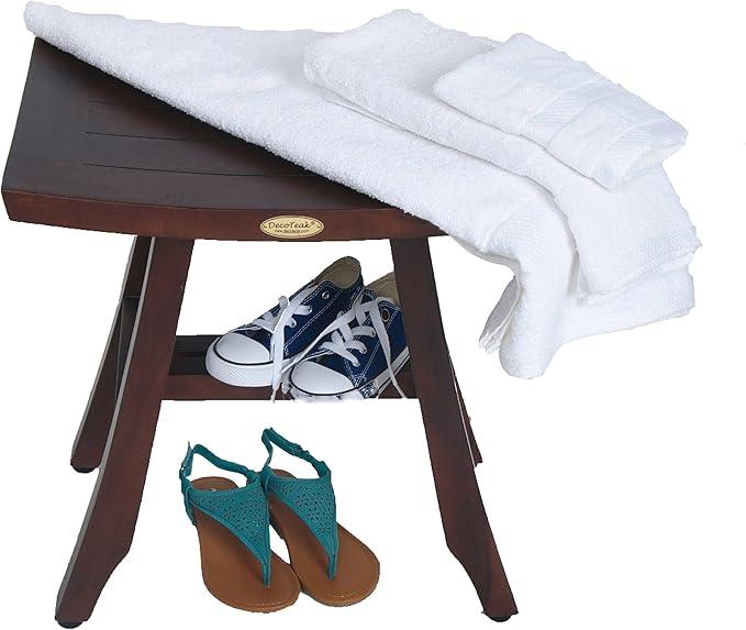 DecoTeak Teak Shower Bench – 18 Inch Waterproof Wooden Seat for Inside Shower Spa-Quality Shower Chair | Curved Seat for Adults | Non-Slip Feet | Holds Up to 250 lbs - ModernBath