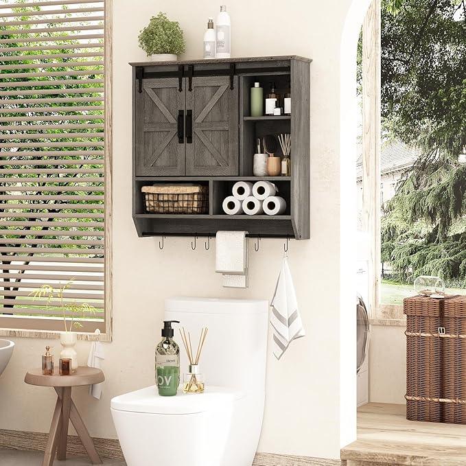 RUSTOWN Farmhouse Bathroom Wall Cabinet,3-Tier Rustic Wood Wall Mounted Cabinets,Vintage Medicine Cabinet with Sliding Barn Door and Adjustable Shelves,Over The Toilet Storage Cabinet (Washed Oak) - ModernBath
