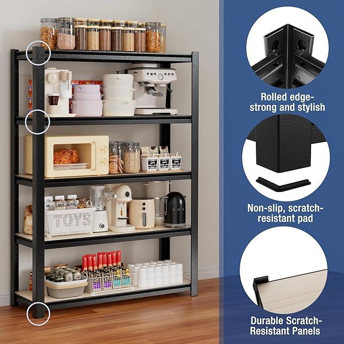 WORKPRO House 3000lbs 5-Tier Shelving Unit, 72" H Adjustable Storage Shelves, Boltless Book Shelf, Shelf Organizer for Kitchen, Living Room, Bathroom, Wood Grain Pattern, Waterproof Board, Black - ModernBath