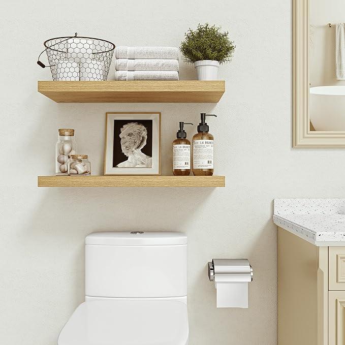 Vivelove Oak Floating Shelves 24 inchs Long, 9.1” Deep Bathroom Shelves Wall Mounted for Bedroom, Living Room, Kitchen, Office, Rustic Home Decor, Wall Shelves with Invisible Brackets, Set of 2 - ModernBath