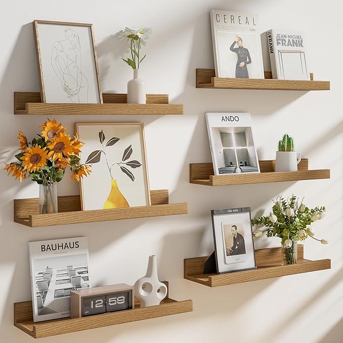 Heimlove Floating Shelves Set of 6, 16" Wall Mounted Picture Ledge, Display Shelf Organizer for Decor Storage, Wall Mounted Shelves for Living Room, Bedroom, Bathroom, Kitchen (Oak) - ModernBath