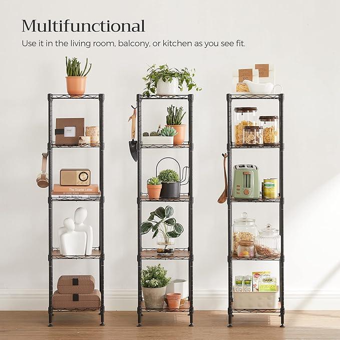 SONGMICS 5-Tier Bathroom Shelf, Storage Rack for Small Space, with 5 PP Shelf Liners, Removable Hook, Extendable Design, Ink Black and Rustic Brown ULGR023B02 - ModernBath