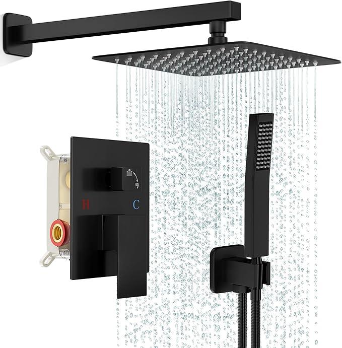 FPXRNG Black Shower Faucet Set, Rainfall Shower System with Square Shower Head and Handle Set, Wall Mounted Shower Fixtures, Full Metal Trim Repair Kit 8 inch Matte Black (With Shower Valve) - ModernBath