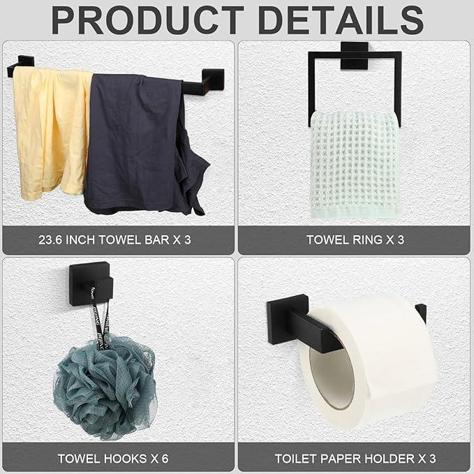 Gisafai 15 Pcs Black Bathroom Hardware Accessories Set 23.6 Inch Bath Towel Bar Kit Stainless Steel Bathroom Hardware Set Towel Racks Ring Robe Hooks Paper Holder for Wall Mounted - ModernBath