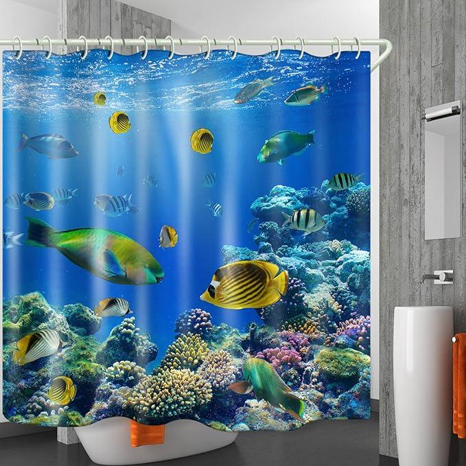 LYFANS Waterproof Polyester Fabric Shower Curtains, Seaworld Print Large Width Partition Curtain, Bathtub Shower Curtain Liner, 12 White Hooks (72x72 inches) - ModernBath