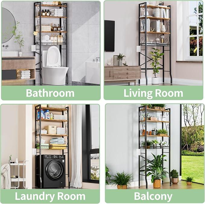 Over-The-Toilet Storage Rack 4-Tier,Bathroom Organizer Shelf Over Toilet,Adjustable Wooden Shelves and Basket,Freestanding Above Toilet Shelf,Space Saver for Rooms(Black Rack-Rustic Brown Shelves) - ModernBath