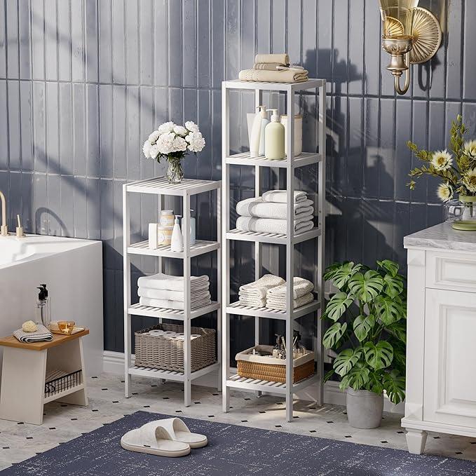 SMIBUY Bathroom Storage Shelf, 5-Tier Bamboo Rack Organizer, Multifunctional Shelving Unit for Living Room Bedroom Kitchen (White) - ModernBath