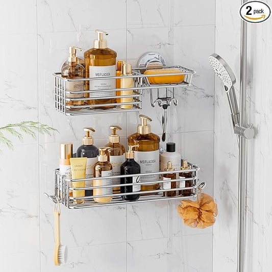 LEVERLOC Shower Caddy Suction Cup, 2 Pack Heavy Duty Bathroom Organizer for Inside Shower with Hooks & Soap holder, Removable and Rustproof Silver bathroom Holder Storage - ModernBath
