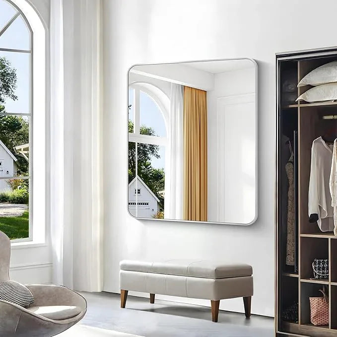 BONEWEI Silver Bathroom Mirror,40x48 inch Wall Mirror for Bathroom Wall Mounted,Rectangle Mirror for Bathroom Over Sink,Modern Frame Round Corner for Living Room,Bedroom Entryway,Horizontal/Vertical - ModernBath