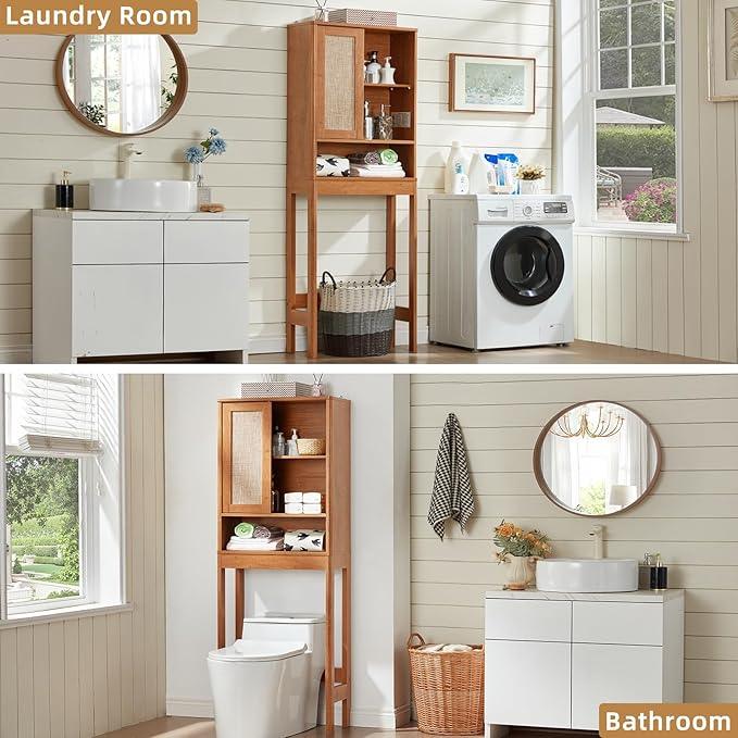 LEYAOYAO Over The Toilet Storage Cabinet with Rattan Sliding Door, 68" Tall Wood Above Toilet Bathroom Organizer w/Adjustable Shelf & Curved Profile, Space Saver Freestanding Washer Shelf - ModernBath