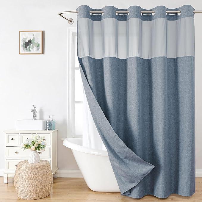 eachope Extra Long No Hooks Needed Linen Textured Shower Curtain with Snap-in Fabric Liner Set,Blue Grey Hotel Luxury Decor Shower Curtains for Bathroom,Waterproof & Washable,71Wx86H - ModernBath