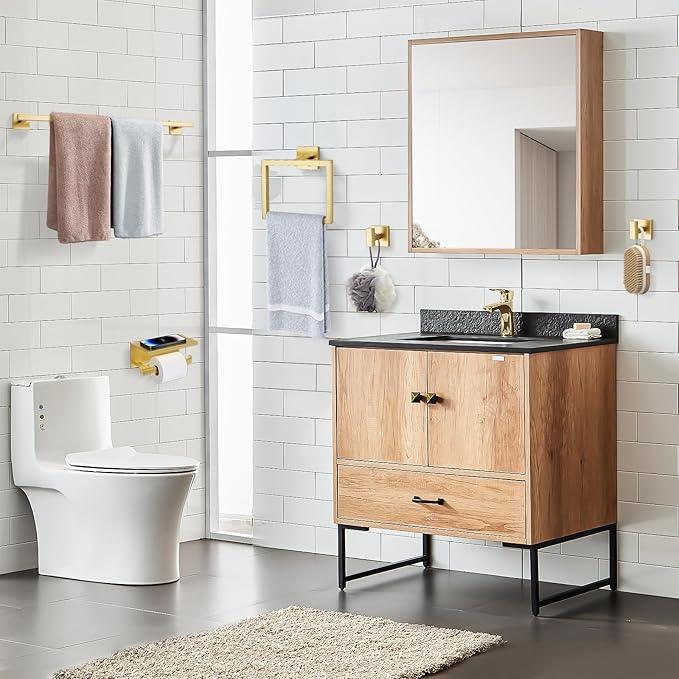 TQKAG 5-Pieces Brushed Gold Bathroom Hardware Accessories Set 23.6" SUS304 Stainless Steel Towel Bar Set Wall Mounted Square Toilet Paper Holder with Shelf - ModernBath