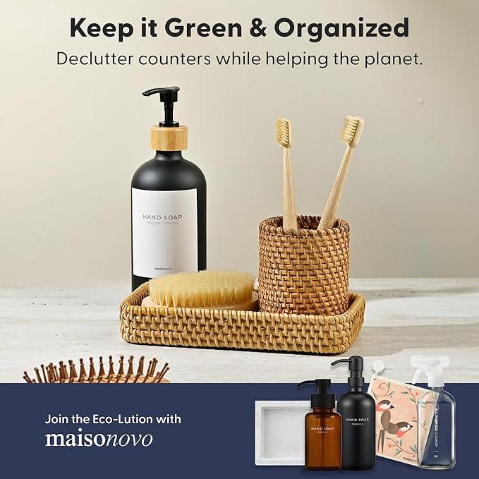 MaisoNovo Rattan Bathroom Set - Black Countertop Dispenser, Toothbrush Holder & Toothpaste Cup with Tray - Set of 3 - Rattan Bathroom Vanity Trays Rectangle for Storage - ModernBath