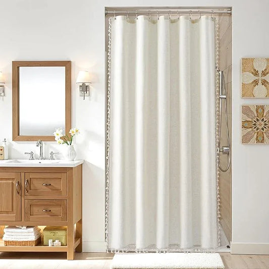 Nanspring Stall Natural Boho Linen Shower Curtain Vintage Country Textured Tassel Shower Curtain Set with Hooks 54 Inches Wide Modern Neutral Farmhouse Cottage Curtain for Bathroom 54x78, Cream - ModernBath