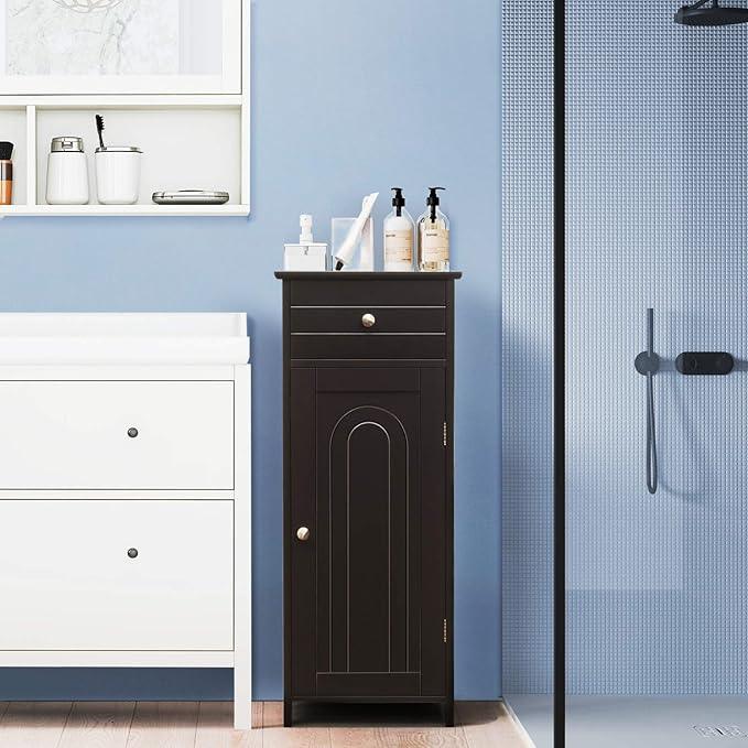 Tangkula Bathroom Floor Cabinet, Wooden Side Storage Cabinet, Freestanding Single Door Bathroom Cabinet with Large Drawer & 2 Adjustable Shelves for Living Room Kitchen (Brown) - ModernBath