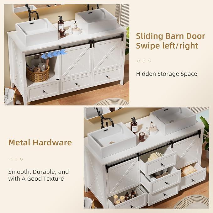 VNN Bathroom Vanity with Sink - 60 Inch Bathroom Vanity Double Sink Ceramic, Freestanding Cabinet with 2 Farmhouse Sliding Barn Doors and 5 Drawers, Space-Saving Storage Cabinet, White Wood Grain - ModernBath